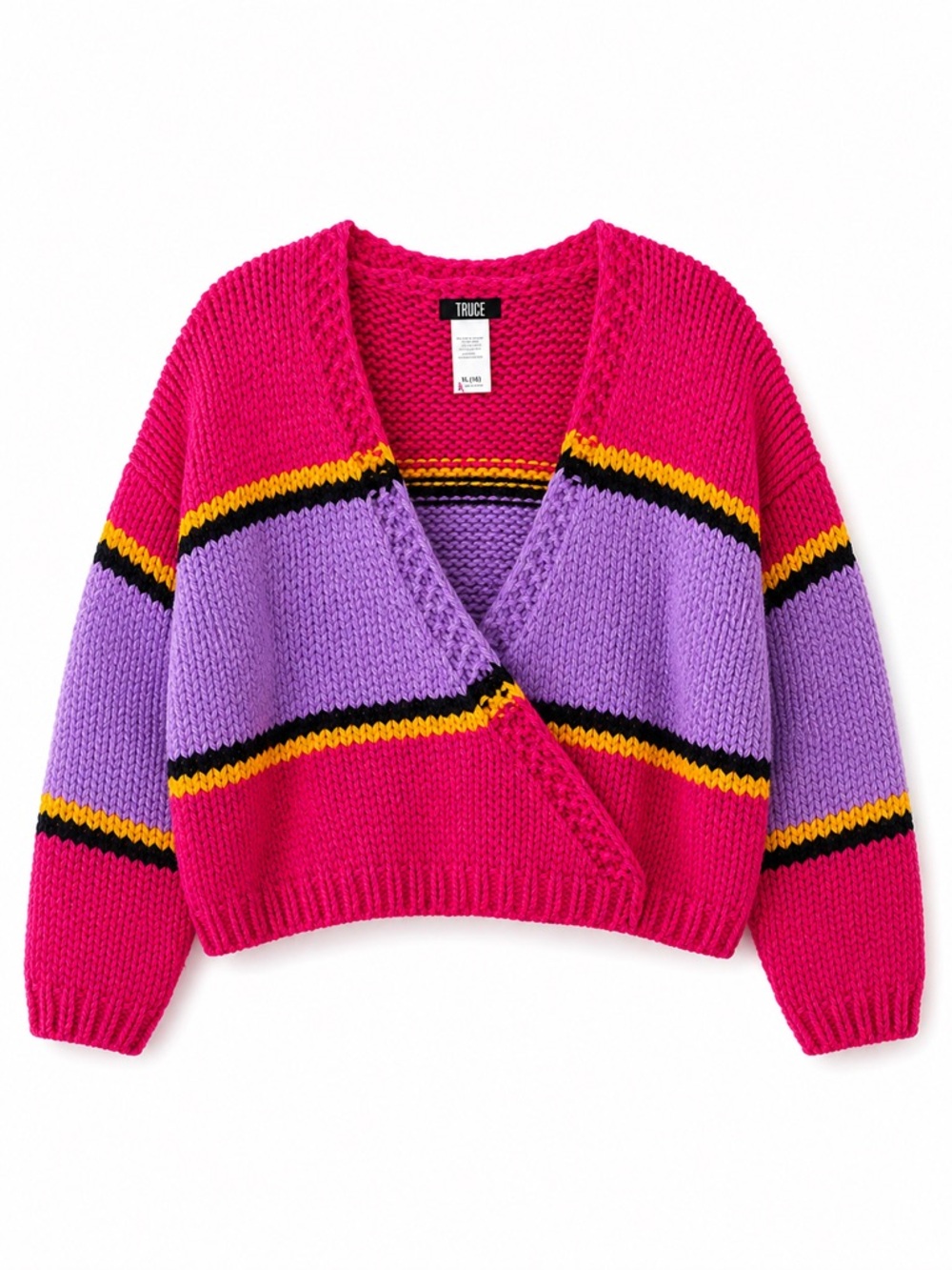 New - Truce Pink & Purple Stripe Cropped V-Neck Sweater